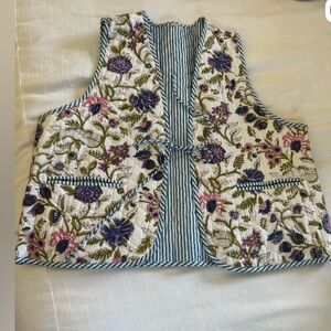 Handmade Floral Quilted Vest with Striped Lining - Reversible